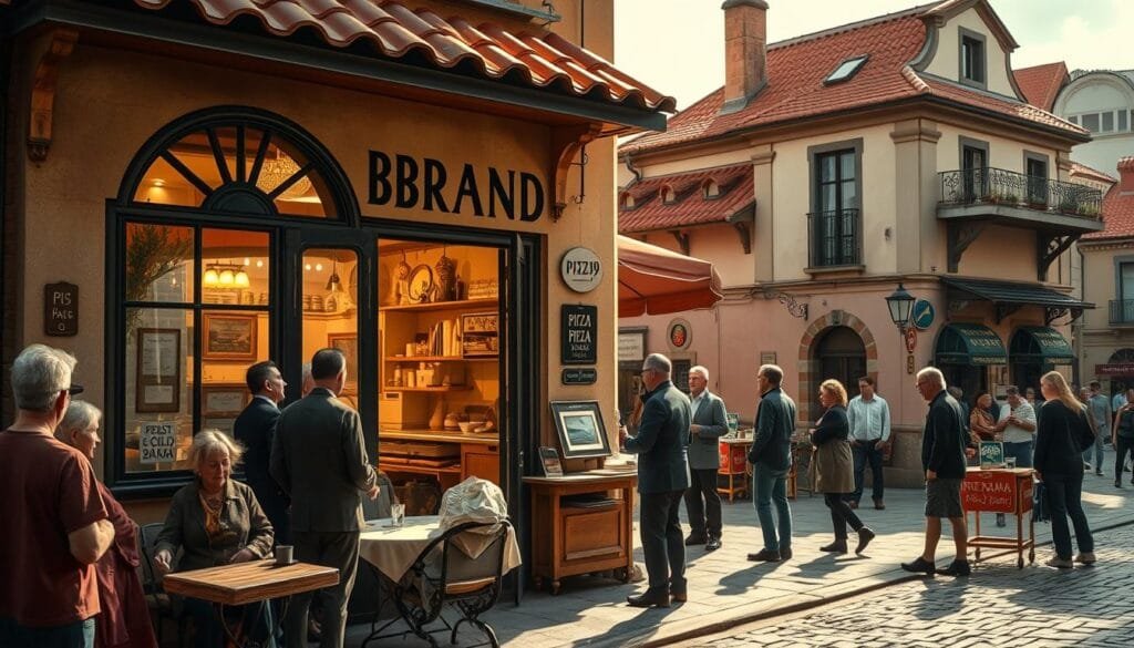 A cozy, old-world pizzeria nestled in the heart of 1889 Naples, Pizzería Brandi stands proudly, its facade adorned with ornate arched windows and a quaint red-tiled roof. Sunlight filters through the open doorway, casting a warm glow upon the bustling scene within. In the foreground, a group of local Neapolitans gather, their animated discussions punctuated by the aroma of freshly baked pizza wafting from the kitchen. In the middle ground, the skilled hands of Raffaele Esposito, the pizzeria's owner, skillfully toss and stretch the dough, preparing to deliver the first-ever pizza to the nearby royal palace. The background features the charming cobblestone streets and terracotta rooftops of the historic city, adding to the authentic, timeless atmosphere. A sense of tradition and innovation permeates the scene, capturing the spirit of the moment when the iconic pizza box was born.
