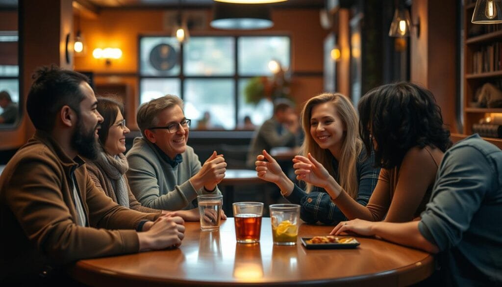 A cozy, well-lit cafe interior, with six friends seated around a large, circular table, deep in conversation. The group is diverse in age, gender, and personality, yet they share a strong bond of camaraderie. Warm lighting casts a soft glow, highlighting the vibrant expressions and animated gestures of the characters. The background is blurred, placing the focus on the group's interactions and the sense of companionship they share. The scene conveys a sense of comfort, familiarity, and the joy of spending time with close friends. A cozy, well-lit cafe interior, with six friends seated around a large, circular table, deep in conversation. The group is diverse in age, gender, and personality, yet they share a strong bond of camaraderie. Warm lighting casts a soft glow, highlighting the vibrant expressions and animated gestures of the characters. The background is blurred, placing the focus on the group's interactions and the sense of companionship they share. The scene conveys a sense of comfort, familiarity, and the joy of spending time with close friends.