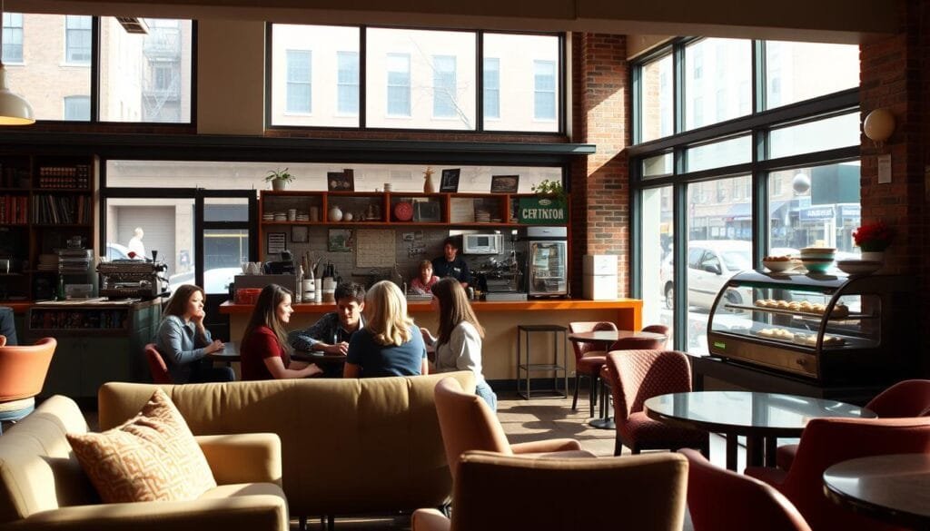 A cozy, well-lit interior of Central Perk, the iconic coffee shop from the TV series "Friends". The foreground features a comfortable sofa with mismatched armchairs, where a group of young friends are gathered, engaged in lively conversation. The middle ground showcases the barista's counter, with its vintage espresso machine and glass display cases filled with tempting pastries. In the background, large windows allow natural light to flood the space, revealing a bustling city street outside. The atmosphere is warm and inviting, with soft lighting, exposed brick walls, and subtle nods to the 1990s aesthetic that defined the show. The overall mood evokes a sense of nostalgia and camaraderie, perfectly capturing the essence of the beloved series. A cozy, well-lit interior of Central Perk, the iconic coffee shop from the TV series "Friends". The foreground features a comfortable sofa with mismatched armchairs, where a group of young friends are gathered, engaged in lively conversation. The middle ground showcases the barista's counter, with its vintage espresso machine and glass display cases filled with tempting pastries. In the background, large windows allow natural light to flood the space, revealing a bustling city street outside. The atmosphere is warm and inviting, with soft lighting, exposed brick walls, and subtle nods to the 1990s aesthetic that defined the show. The overall mood evokes a sense of nostalgia and camaraderie, perfectly capturing the essence of the beloved series.