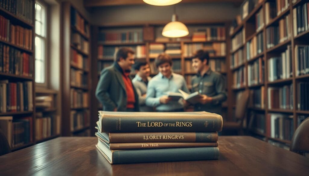 A cozy, well-lit library in the 1960s, with vintage bookshelves lining the walls. On a wooden table in the foreground, a stack of classic literature books, including "The Lord of the Rings" by J.R.R. Tolkien. The books have a worn, aged appearance, hinting at their history. In the middle ground, a group of four young men, dressed in the fashion of the era, engaged in animated discussion, their expressions suggesting they are brainstorming or planning something. The background is softly blurred, creating a sense of focus on the central scene. The overall atmosphere is one of creativity, intellectual curiosity, and the spark of an idea that would soon take shape.