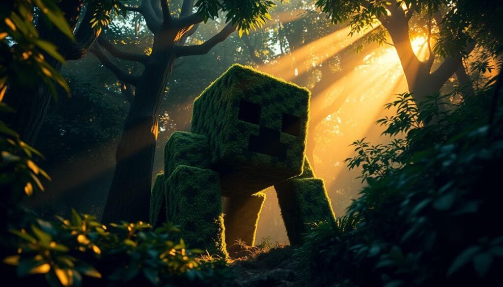 A creepy, moss-covered Creeper from the iconic game Minecraft, emerging from the shadows of a dense, foliage-laden forest. The Creeper's distinctive quadrupedal form is rendered in stunning detail, its blocky texture and eerie green hue creating an unsettling yet captivating visual. Shafts of warm, golden light filter through the canopy, casting an ethereal glow and highlighting the Creeper's sinister presence. The scene evokes a sense of mystery and the unexpected, hinting at the Creeper's origins as a glitch in the game's code. The overall atmosphere is one of suspense and the unknown, perfectly capturing the essence of the "Origen Creeper Minecraft: el bug del cerdo que cambió la historia" section.