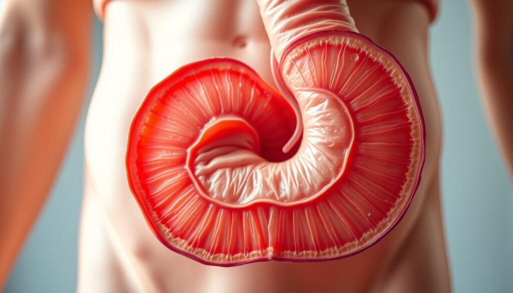 A cross-section of a healthy human appendix, illuminated by soft, natural lighting. The appendix is prominently featured in the foreground, its intricate tubular structure and delicate walls rendered in fine detail. In the middle ground, the surrounding abdominal anatomy is subtly visible, providing context without distracting from the main subject. The background is hazy and out of focus, creating a sense of depth and emphasizing the appendix as the focal point. The overall tone is one of scientific curiosity and reverence for the complex, yet often overlooked, function of this organ. A cross-section of a healthy human appendix, illuminated by soft, natural lighting. The appendix is prominently featured in the foreground, its intricate tubular structure and delicate walls rendered in fine detail. In the middle ground, the surrounding abdominal anatomy is subtly visible, providing context without distracting from the main subject. The background is hazy and out of focus, creating a sense of depth and emphasizing the appendix as the focal point. The overall tone is one of scientific curiosity and reverence for the complex, yet often overlooked, function of this organ.