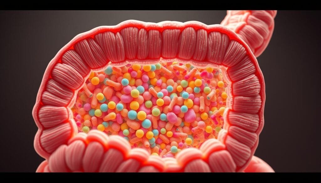 A cross-section of a healthy human intestine, revealing the complex microbial ecosystem within. A detailed microscopic view, captured with a high-resolution electron microscope, showcases the diverse colony of gut bacteria in vibrant colors. The foreground displays the intestinal lining, with its intricate folds and villi, teeming with a myriad of rod-shaped, spherical, and spiral-shaped microbes. The middle ground features a dense network of bacterial cells, interacting and communicating in a dynamic, symbiotic relationship. The background fades into a serene, muted palette, suggesting the delicate balance and unseen influence of this "second genome" on the human body and mind.
