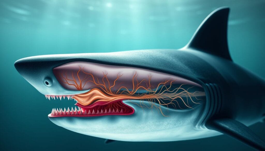 A cross-section of a shark's electroreceptive organ, revealing its intricate sensory structures. The organ is depicted in the foreground, with a detailed rendering of its electroreceptive pores and sensitive nerve endings. The middle ground showcases the underlying network of nerves and blood vessels that enable the organ's electrosensory capabilities. The background subtly suggests the shark's aquatic environment, with a muted, bluish-green palette conveying a sense of depth and underwater ambiance. The lighting is soft and directional, highlighting the delicate anatomy and emphasizing the organ's functional importance in the shark's predatory abilities. The overall impression is one of scientific curiosity and appreciation for the remarkable sensory adaptations that allow sharks to detect the electrical fields of their prey.