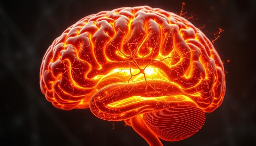 A cross-section of the human brain, with intricate neural pathways and synaptic connections illuminated in a warm, glowing hue. The foreground depicts the complex interplay of neurotransmitters, such as dopamine, serotonin, and oxytocin, as they flow through the brain's intricate networks. In the middle ground, vibrant neuronal firing patterns and electrical impulses create a mesmerizing symphony of activity. The background showcases the brain's underlying architecture, with delicate gray matter and white matter structures visible in a soft, muted palette. The overall scene conveys the profound neurochemical orchestration that shapes our emotional experiences and the profound workings of the human mind. A cross-section of the human brain, with intricate neural pathways and synaptic connections illuminated in a warm, glowing hue. The foreground depicts the complex interplay of neurotransmitters, such as dopamine, serotonin, and oxytocin, as they flow through the brain's intricate networks. In the middle ground, vibrant neuronal firing patterns and electrical impulses create a mesmerizing symphony of activity. The background showcases the brain's underlying architecture, with delicate gray matter and white matter structures visible in a soft, muted palette. The overall scene conveys the profound neurochemical orchestration that shapes our emotional experiences and the profound workings of the human mind.