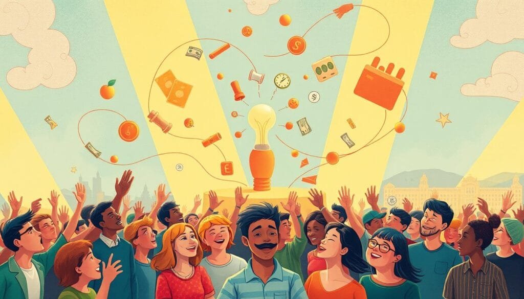 A crowdfunding process unfolding in a dynamic, colorful illustration. In the foreground, a diverse group of people making small financial contributions, their faces alight with excitement. In the middle ground, an innovative product or idea taking shape, surrounded by swirling lines and symbols representing the flow of funds. In the background, a cityscape or landscape, hinting at the broader impact of the crowdfunded project. The scene is bathed in warm, inviting lighting, conveying a sense of collaboration, community, and the power of collective action. The overall mood is one of optimism, innovation, and the triumph of grassroots support.