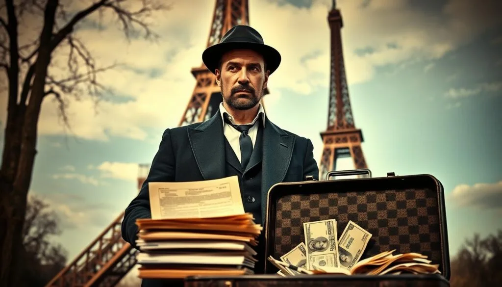 A cunning swindler stands before the iconic Eiffel Tower, his gaze unwavering as he meticulously concocts his elaborate scheme. The towering structure looms behind him, its intricate lattice framework casting dramatic shadows across the Parisian skyline. The swindler's expression exudes a calculated confidence, hinting at the sheer audacity of his plan to dupe an unsuspecting scrapyard owner. In the foreground, a stack of forged documents and a suitcase brimming with counterfeit currency suggest the tools of his trade, ready to be deployed in the pursuit of his ultimate goal - the perfect con. A cunning swindler stands before the iconic Eiffel Tower, his gaze unwavering as he meticulously concocts his elaborate scheme. The towering structure looms behind him, its intricate lattice framework casting dramatic shadows across the Parisian skyline. The swindler's expression exudes a calculated confidence, hinting at the sheer audacity of his plan to dupe an unsuspecting scrapyard owner. In the foreground, a stack of forged documents and a suitcase brimming with counterfeit currency suggest the tools of his trade, ready to be deployed in the pursuit of his ultimate goal - the perfect con.