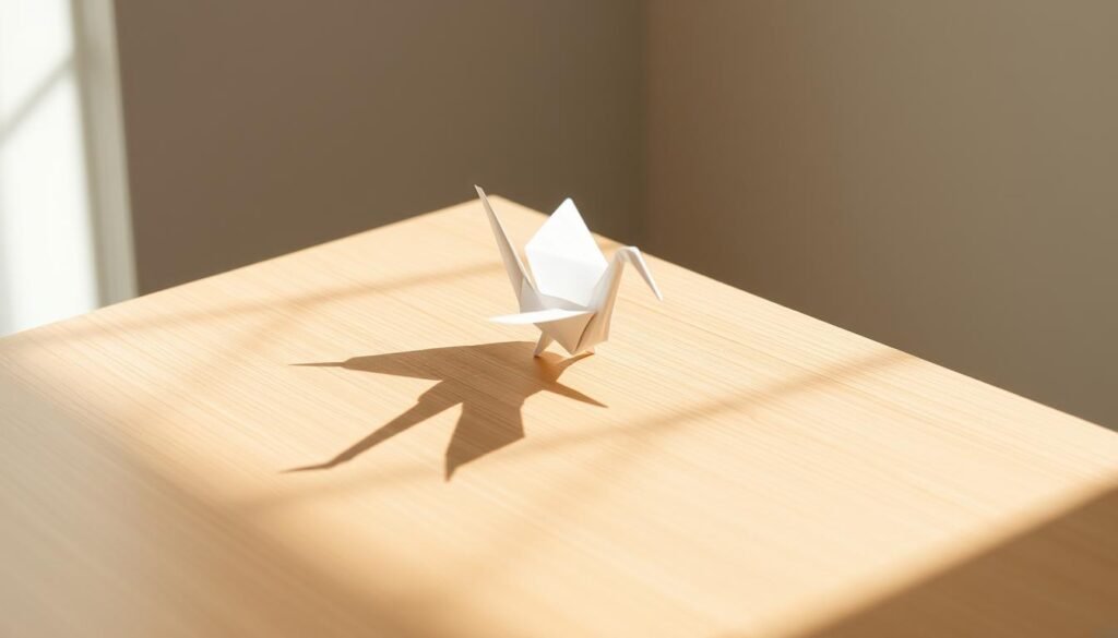 A delicate origami crane perched atop a simple, minimalist wooden table, casting intricate shadows across the smooth surface. The crane's intricate folds and precise creases reflect the meticulous attention to detail, a testament to the skill and patience of its creator. The scene is bathed in soft, natural lighting, evoking a sense of tranquility and the beauty that can arise from the simplest of materials and actions. The unadorned backdrop allows the origami figure to take center stage, showcasing its graceful form and the satisfaction of crafting something meaningful with one's own hands.