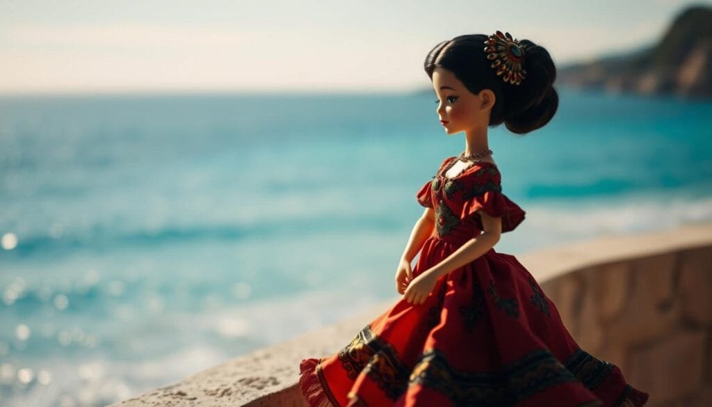 A delicate, porcelain-like muñeca doll, dressed in a traditional Spanish flamenco costume, stands gracefully against a backdrop of a serene Mediterranean seascape. The doll's ornate, vibrant dress flows elegantly, complemented by the soft, warm lighting that casts gentle shadows across its intricate details. In the distance, the calm, azure waters of the Channel shimmer, hinting at the remarkable journey of Mercedes Gleitze, the pioneering swimmer whose historic Channel crossing made Rolex a household name. The scene evokes a sense of timeless elegance and the enduring legacy of Spanish cultural heritage.