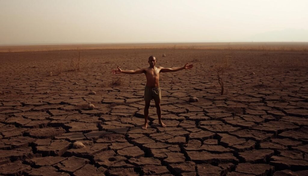 A desolate, barren landscape devoid of life and resources. In the foreground, a lone, gaunt figure stands amidst a sea of cracked, parched earth, their arms outstretched in a gesture of desperation. The middle ground reveals sparse, withered vegetation struggling to survive, while the distant horizon is shrouded in a hazy, oppressive atmosphere. Harsh, directional lighting casts deep shadows, emphasizing the grim, unyielding nature of the scene. The overall mood is one of scarcity, hopelessness, and the primal human need to acquire and consume in the face of dwindling resources. A desolate, barren landscape devoid of life and resources. In the foreground, a lone, gaunt figure stands amidst a sea of cracked, parched earth, their arms outstretched in a gesture of desperation. The middle ground reveals sparse, withered vegetation struggling to survive, while the distant horizon is shrouded in a hazy, oppressive atmosphere. Harsh, directional lighting casts deep shadows, emphasizing the grim, unyielding nature of the scene. The overall mood is one of scarcity, hopelessness, and the primal human need to acquire and consume in the face of dwindling resources.