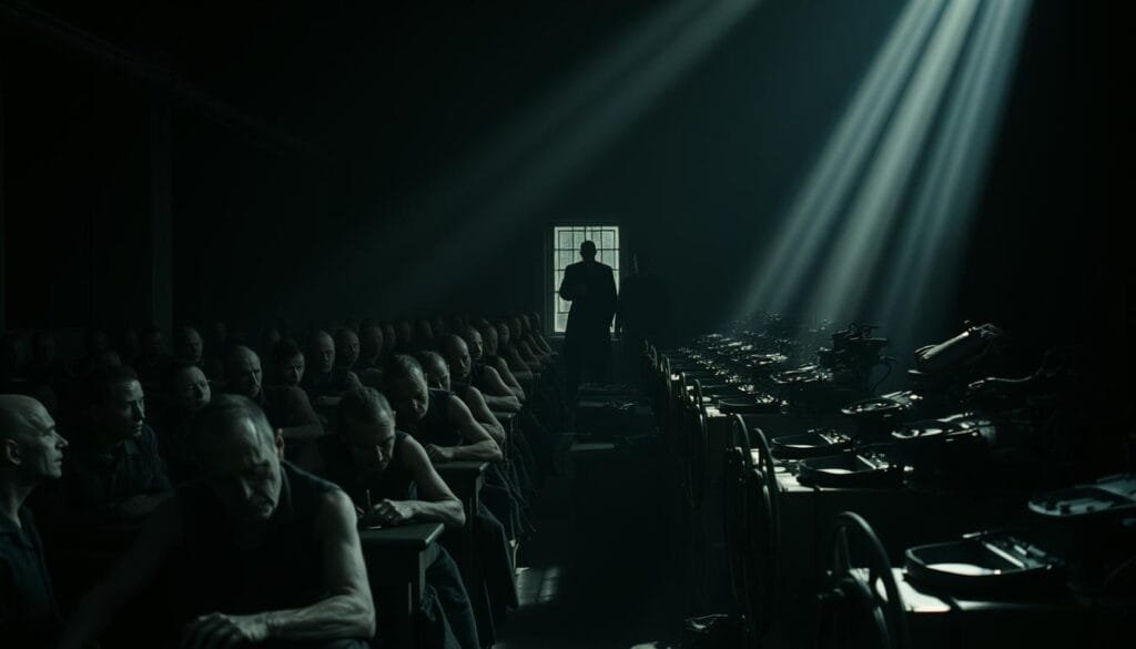 A desolate, dimly lit factory interior, with rows of gaunt, weary workers toiling at machines, their faces etched with exhaustion. Shadowy figures of guards loom in the background, maintaining a watchful presence. Beams of harsh, angled light pierce the gloom, casting dramatic shadows that convey the oppressive atmosphere. The scene evokes a sense of powerlessness and the brutal realities of forced labor, a haunting visualization of the Nazi regime's exploitation during its dark chapter.