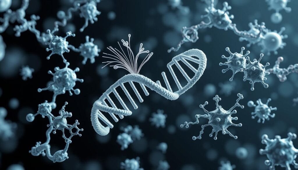 A detailed 3D illustration of RNA interference (RNAi) machinery, showcasing the key components involved in post-transcriptional gene regulation. The scene features a central double-stranded RNA molecule, with small interfering RNA (siRNA) strands emerging from it. Surrounding the central element are various molecular structures, including Dicer enzymes, Argonaute proteins, and RNA-induced silencing complexes (RISCs), all rendered in a highly detailed, scientific style. The lighting is crisp and directional, emphasizing the intricate shapes and textures of the biomolecular structures. The overall color palette is muted, with shades of blue, gray, and white predominating to convey a sense of technical precision. The composition is balanced and symmetrical, drawing the viewer's eye to the core RNA interference mechanisms.