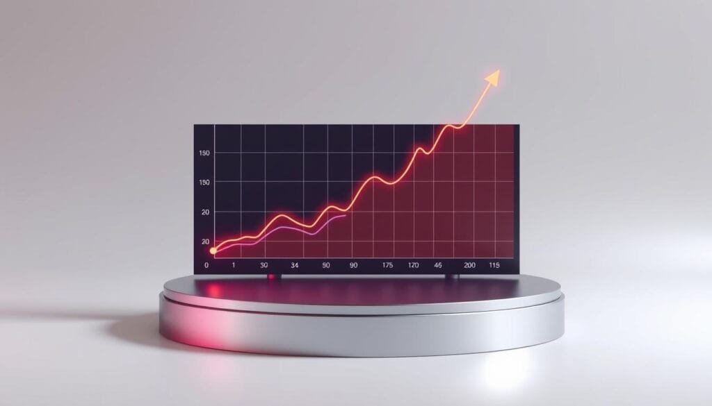 A detailed 3D visualization of a compound interest growth chart, showcasing the exponential accumulation of wealth over time. The chart is displayed on a sleek, metallic podium against a minimalist, gradient backdrop. The graph lines are rendered in a vibrant, eye-catching palette, with data points represented by crisp, geometric shapes. Subtle lighting casts dramatic shadows, highlighting the dynamic nature of the visualization. The overall composition conveys a sense of financial sophistication and the power of compounding, perfectly suited to illustrate the section on practical examples of compound interest. A detailed 3D visualization of a compound interest growth chart, showcasing the exponential accumulation of wealth over time. The chart is displayed on a sleek, metallic podium against a minimalist, gradient backdrop. The graph lines are rendered in a vibrant, eye-catching palette, with data points represented by crisp, geometric shapes. Subtle lighting casts dramatic shadows, highlighting the dynamic nature of the visualization. The overall composition conveys a sense of financial sophistication and the power of compounding, perfectly suited to illustrate the section on practical examples of compound interest.