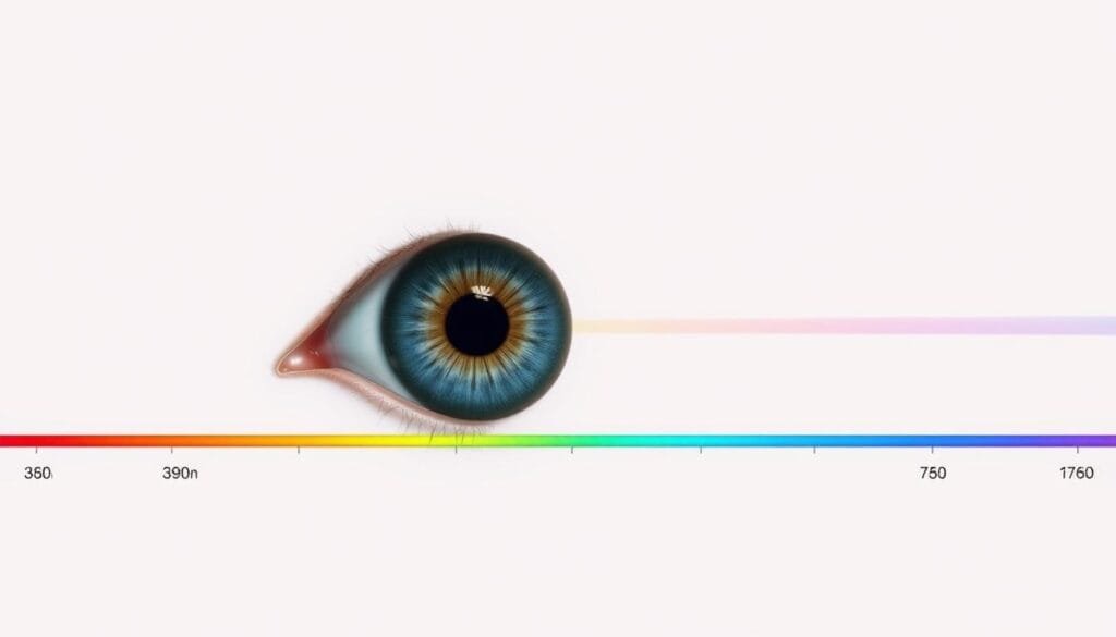 A detailed, accurate cross-section of the visible light spectrum, spanning from 380 to 750 nanometers, showcasing the range of wavelengths perceivable by the human eye. The central focus is a photorealistic representation of the eye, with its intricate iris, pupil, and lens, juxtaposed against the vibrant colors of the visible spectrum. The background features a clean, minimalist gradient, allowing the viewer to focus on the key elements. The lighting is natural and evenly distributed, creating a sense of depth and clarity. The overall composition emphasizes the wonder and limitations of human vision, inviting the viewer to imagine the unseen world beyond our narrow perceptual range.