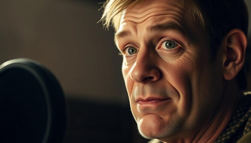 A detailed, cinematic portrait of a voice actor's head and shoulders, shot from a slightly low angle with soft, warm lighting that accentuates the actor's features. The face is expressive, with a thoughtful, focused gaze, hinting at the nuanced vocal performance they might bring to a character like Shrek. The background is slightly blurred, suggesting a recording studio or performance space, with muted colors and textures that complement the subject. The overall mood is one of artistry, professionalism, and the power of the human voice to bring an iconic character to life.