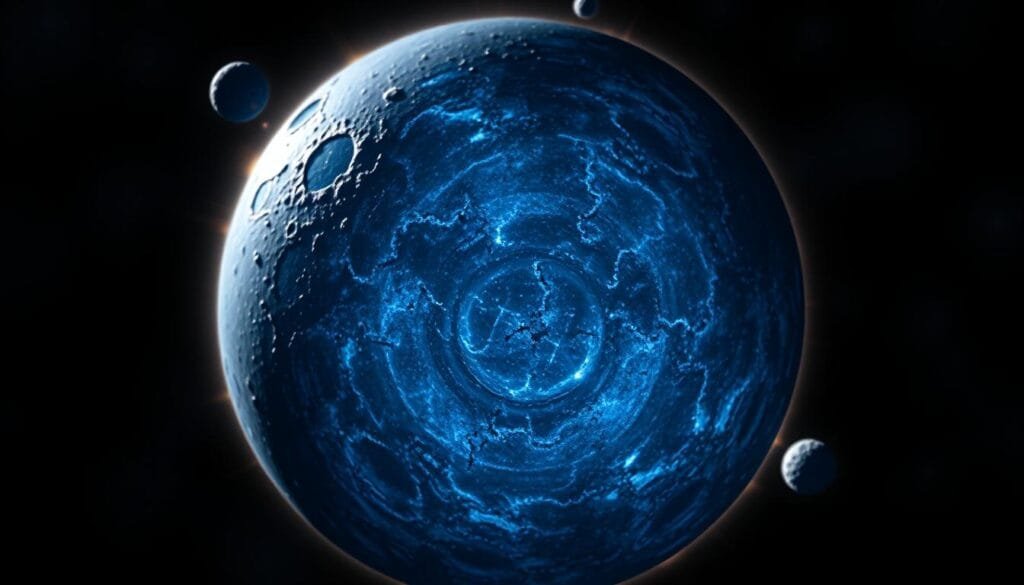 A detailed close-up of a magnetar, a type of neutron star with an extremely powerful magnetic field. The image shows the star's surface with intricate textures and patterns, glowing with an intense blue-white light. The star appears to be suspended in a dark, nebulous background, hinting at the cosmic environment in which it resides. The lighting is dramatic, casting deep shadows and highlights that accentuate the star's powerful magnetism. The angle is slightly tilted, giving the viewer a sense of the magnetar's immense scale and power. The overall tone is one of awe and wonder at the extremes of stellar phenomena.