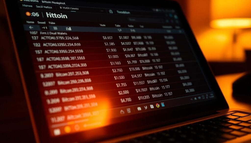A detailed close-up view of a laptop screen displaying a digital wallet interface, with various transaction records and Bitcoin addresses visible. The screen is bathed in a warm, amber-hued glow, creating an aura of mystery and intrigue. The background is blurred, suggesting a dimly lit, private setting. The composition emphasizes the tangible evidence of Bitcoin ownership, conveying a sense of the elusive nature of Satoshi Nakamoto's digital footprint.