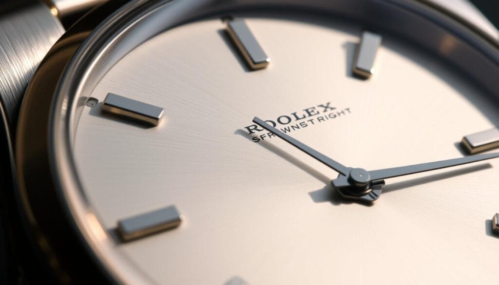 A detailed close-up view of an elegant Rolex Oyster Perpetual watch, with a lustrous stainless steel case and a classic, minimalist dial. The watch face is meticulously crafted, showcasing the iconic Rolex crown and the hallmark perpetual self-winding mechanism. Soft, directional lighting highlights the refined textures and contours, casting subtle shadows that accentuate the timeless design. The image conveys a sense of precision, durability, and the relentless pursuit of horological excellence that has defined the Rolex brand.