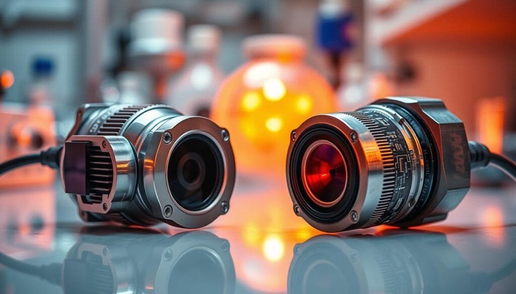 A detailed close-up view of infrared (IR) and ultraviolet (UV) sensors against a blurred backdrop of scientific lab equipment and instrumentation. The sensors are depicted as intricate, high-tech devices with glossy metallic housings and complex circuit boards. Warm ambient lighting casts a soft glow, highlighting the sensors' technical precision and functionality. The composition emphasizes the sensors' practical applications in everyday life and scientific research, reflecting the focus on how these invisible spectrums impact Chile's daily activities and advancements.