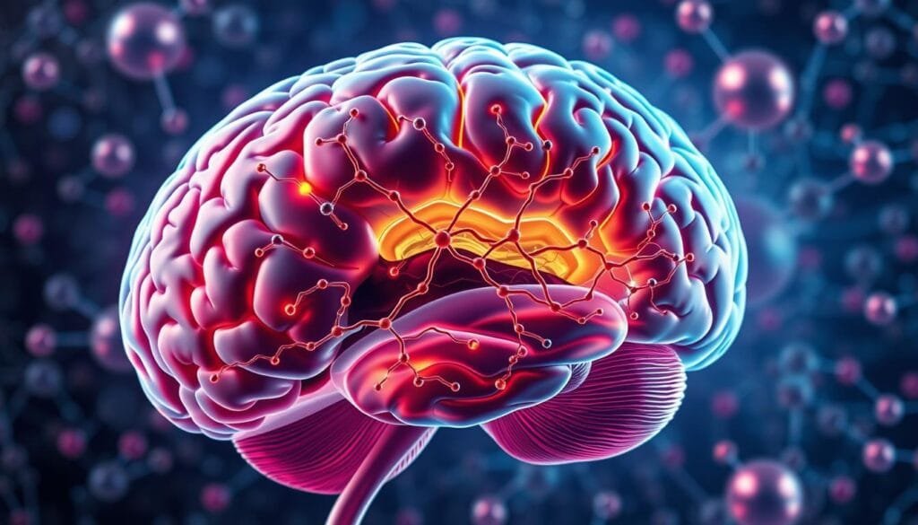 A detailed cross-section of the human brain, highlighting the intricate neurotransmitter pathways and chemical interactions that underlie the effects of caffeine consumption. The image should have a scientific, yet visually captivating aesthetic, with vibrant colors, smooth gradients, and a sense of depth and dimensionality. The foreground should feature a simplified model of the brain's neural network, with synapses and neurotransmitters clearly visible. The middle ground should depict the flow of neurotransmitters, such as dopamine and serotonin, through the brain's neural pathways. The background should showcase the broader neurochemical landscape, with intricate molecular structures and visualizations of the complex biochemical processes involved in the brain's response to caffeine. A detailed cross-section of the human brain, highlighting the intricate neurotransmitter pathways and chemical interactions that underlie the effects of caffeine consumption. The image should have a scientific, yet visually captivating aesthetic, with vibrant colors, smooth gradients, and a sense of depth and dimensionality. The foreground should feature a simplified model of the brain's neural network, with synapses and neurotransmitters clearly visible. The middle ground should depict the flow of neurotransmitters, such as dopamine and serotonin, through the brain's neural pathways. The background should showcase the broader neurochemical landscape, with intricate molecular structures and visualizations of the complex biochemical processes involved in the brain's response to caffeine.