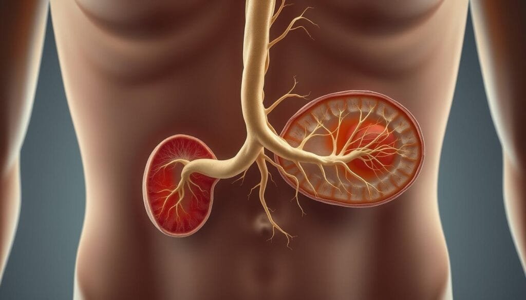A detailed cross-section of the vagus nerve, the longest cranial nerve in the human body, delicately winding through the torso. The nerve's complex network of fibers is rendered in muted tones, with a soft focus on the intricate anatomical structures. The image conveys a sense of the nerve's crucial role in the gut-brain axis, connecting the digestive system to the central nervous system. Subtle highlights and shadows accentuate the nerve's organic, sinuous form, creating a balanced and harmonious composition that captures the nerve's essential function in the regulation of mood and emotion.