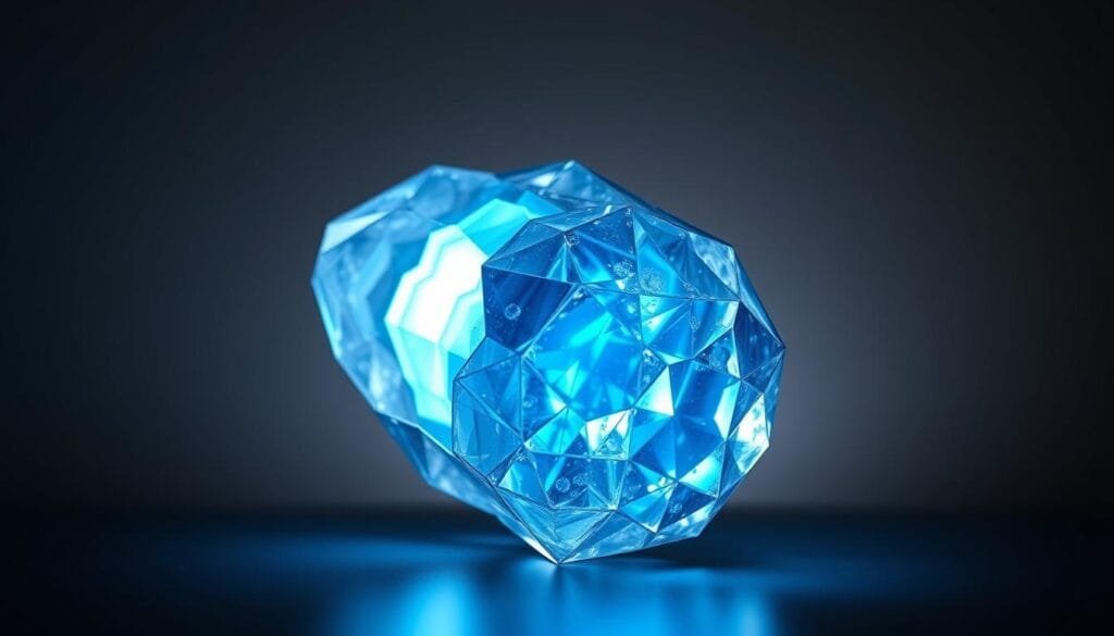 A detailed crystal kyber crystal, the heart of a Jedi's lightsaber, glowing with an azure luminescence. The crystal's facets refract light, casting a soft, mystical aura. Captured in a high-resolution, photorealistic rendering, the image showcases the intricate beauty and power of this iconic Star Wars artifact. Dramatic studio lighting illuminates the crystal's core, highlighting its translucent, gem-like qualities. The background is a muted, neutral tone, allowing the kyber crystal to be the sole focus of the composition. This image perfectly captures the essence of the kyber crystal, a key element in the lore and canon of the Star Wars universe.