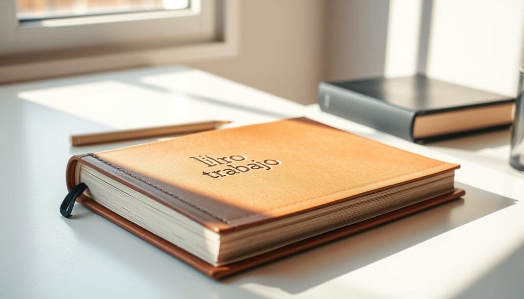 A detailed, hardcover book titled "libro trabajo" rests on a clean, white desk. The book's cover is leather-bound, with a gold-embossed title and subtle debossed texture. Sunlight streams in through a nearby window, casting a warm, natural light on the scene. The book's pages are crisp and inviting, reflecting the methodical, focused approach to the "producto" experience described in the article's section. The overall atmosphere is one of productivity, organization, and a sense of progress towards a meaningful goal.