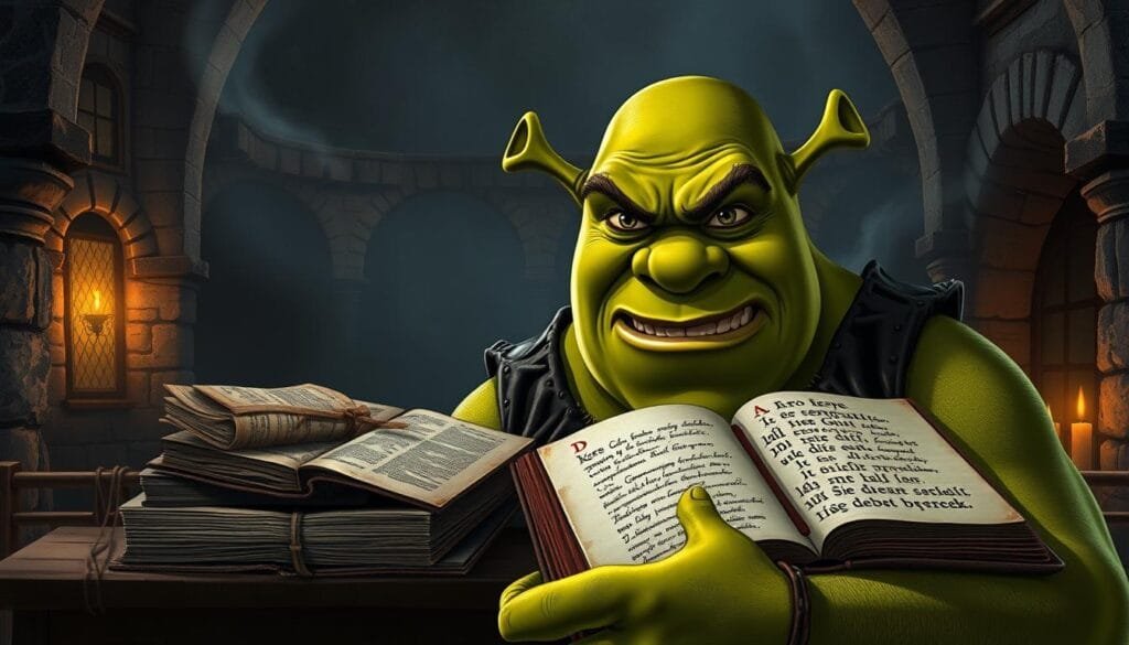 A detailed, high-resolution illustration depicting the etymology and meaning of the name "Shrek". In the foreground, a large, intimidating green ogre figure with sharp teeth and piercing eyes, representing the monstrous connotation of the word. The middle ground shows a stack of old books, with one tome open to reveal Cyrillic and German script, alluding to the Yiddish and German origins of the name. The background features a moody, atmospheric medieval setting with stone walls, arches, and flickering torchlight, evoking a sense of ancient folklore and legend. The lighting is dramatic, with deep shadows and highlights emphasizing the powerful, iconic nature of the Shrek character. The overall mood is one of mystery, intrigue, and the timeless appeal of mythical creatures.