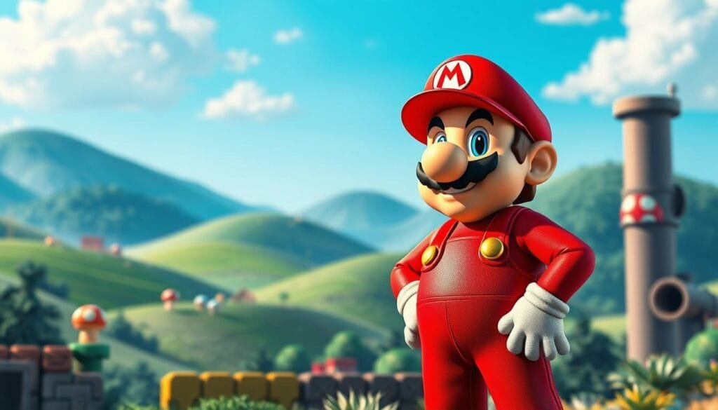 A detailed, high-resolution image of Super Mario, the iconic Nintendo video game character, standing in a lush, vibrant setting that evokes the classic Nintendo Entertainment System (NES) era. Mario is rendered in a semi-realistic style, with intricate textures and lighting that capture his vibrant red and blue outfit, expressive features, and heroic posture. The background features rolling hills, a clear blue sky, and iconic NES-style elements like coin blocks, power-up mushrooms, and pipes, creating a nostalgic and visually captivating scene that celebrates the cultural significance of the NES and Nintendo's enduring legacy in the video game industry.