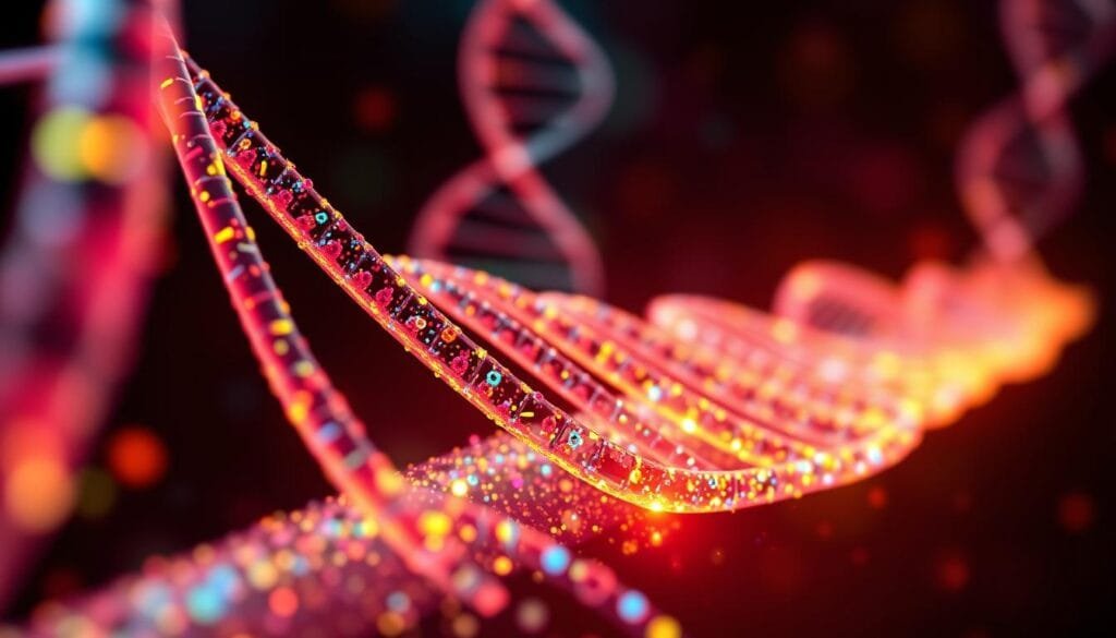 A detailed, high-resolution image of epigenetic marks, depicting the concept of the epigenome as a "score" overlaying the genome. The scene should feature a vibrant, colorful DNA helix structure in the background, with softly glowing, semi-transparent epigenetic "tags" or "brushstrokes" of various hues and patterns floating across the surface in the foreground. The lighting should be warm and inviting, creating a sense of depth and dimensionality. The overall composition should convey the idea of the epigenome dynamically interacting with the genome, with a visually striking and scientifically accurate representation.