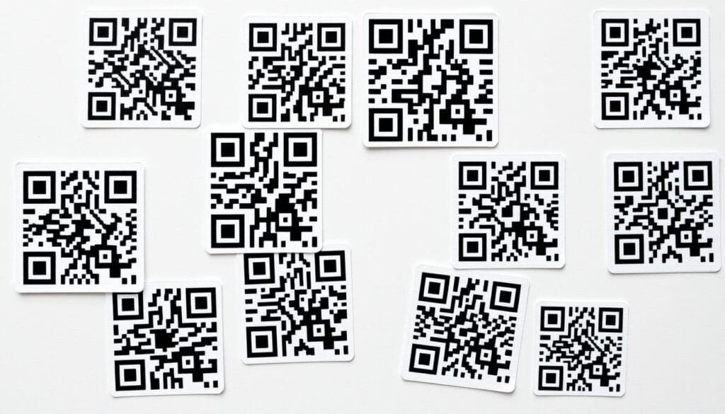 A detailed, high-resolution image showcasing various types of QR codes against a clean, minimalist background. The QR codes should be prominently displayed, with different shapes, colors, and patterns to highlight their diversity. The lighting should be soft and even, emphasizing the textures and details of the QR codes. The composition should be balanced, with the QR codes arranged in an aesthetically pleasing manner, perhaps in a grid or circular layout. The overall mood should be one of clarity and simplicity, allowing the QR codes to be the central focus of the image.