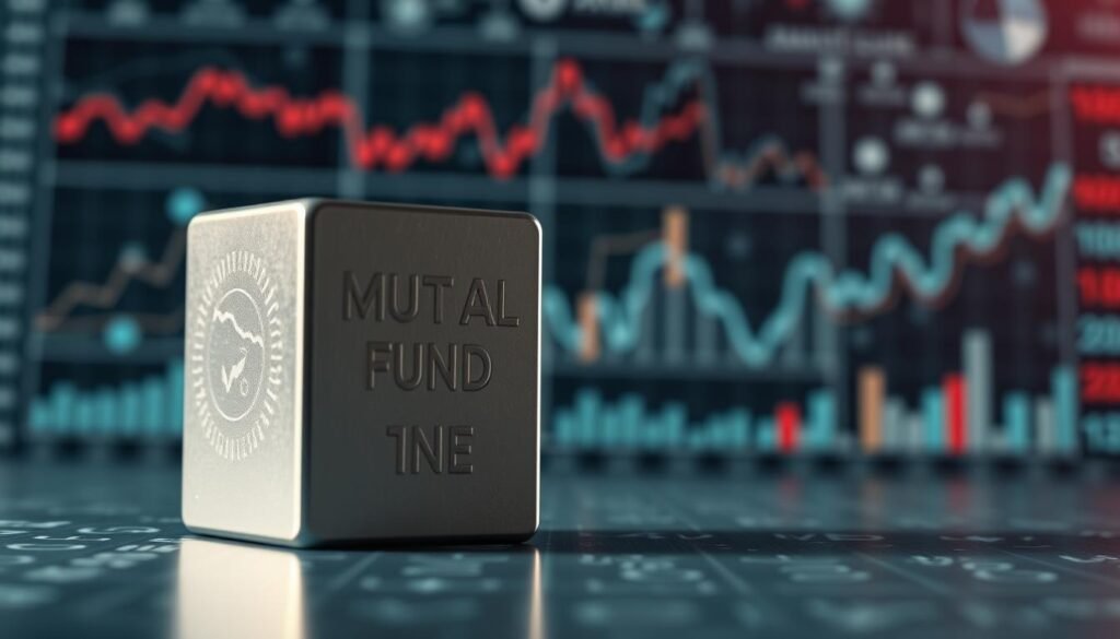 A detailed illustration of a mutual fund share or "valor cuota" against a backdrop of financial graphs and charts. The foreground features a three-dimensional, metallic-looking cube or block representing the individual share, reflecting light and shadows to convey a sense of depth and solidity. The middle ground showcases a grid of financial data visualizations, such as line graphs, bar charts, and pie charts, all rendered in a clean, minimalist style. The background incorporates a subtle blurred pattern of currency symbols, stock tickers, or other financial iconography, creating a sense of depth and context. The overall mood is one of precision, professionalism, and the tangible nature of investment vehicles. Lighting is soft and directional, with highlights and shadows accentuating the three-dimensional elements.