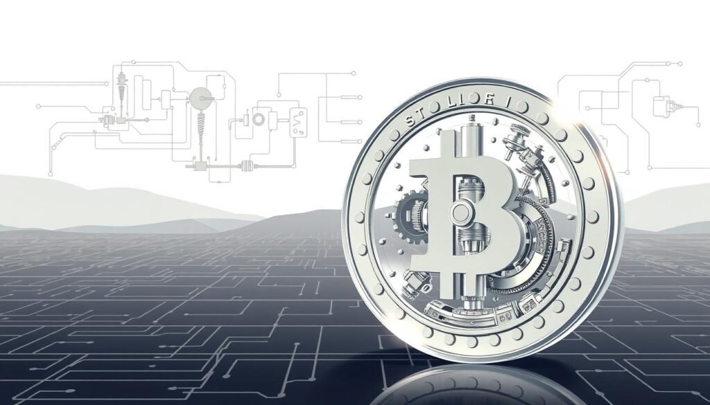A detailed illustration of a stablecoin's inner workings, depicted with technical precision. In the foreground, a transparent sphere represents the stablecoin, its stable value maintained by an intricate mechanism of algorithms, smart contracts, and reserve assets shown within. In the middle ground, a network of interconnected gears, levers, and valves symbolize the stabilization processes, adjusting the coin's price in response to market fluctuations. The background features a minimalist, blueprint-like landscape, highlighting the underlying engineering and mathematical principles that govern the stablecoin's stability. Soft, directional lighting accentuates the technological complexity, while a muted color palette conveys a sense of reliability and trust.