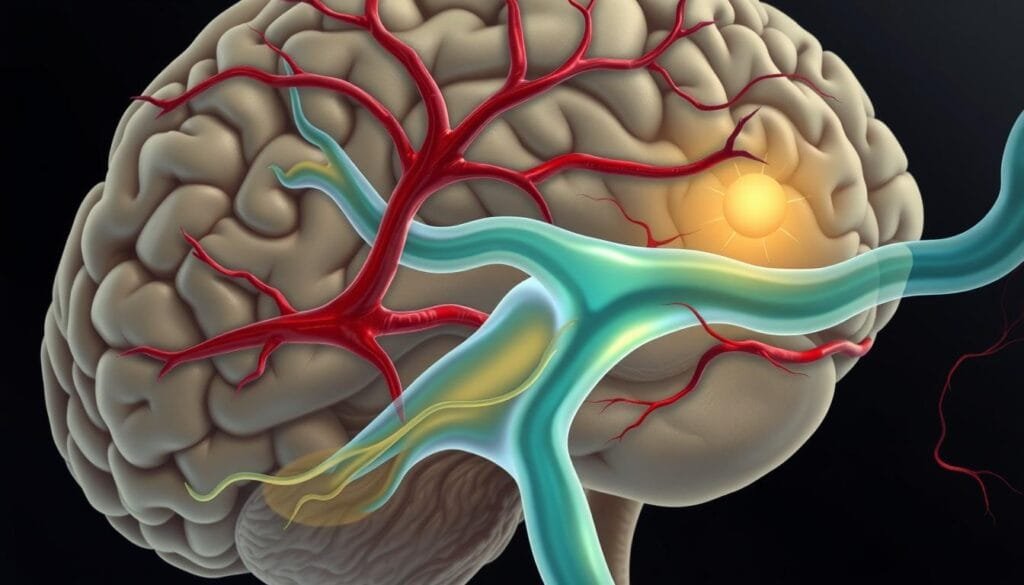 A detailed illustration of the cerebrospinal fluid (CSF) flow within the glymphatic system, showcasing the intricate network of perivascular spaces that allow the brain to self-cleanse. Rendered in a realistic, scientific style with a muted color palette, the image should depict the glymphatic pathways as they appear during the sleep cycle, with the CSF moving through the brain's parenchyma and along the blood vessels. Emphasis should be placed on the dynamic nature of this process, capturing the fluid motion and the interplay between the vascular and lymphatic components. The composition should balance technical accuracy with visual interest, inviting the viewer to better understand this vital mechanism of neurological self-care.