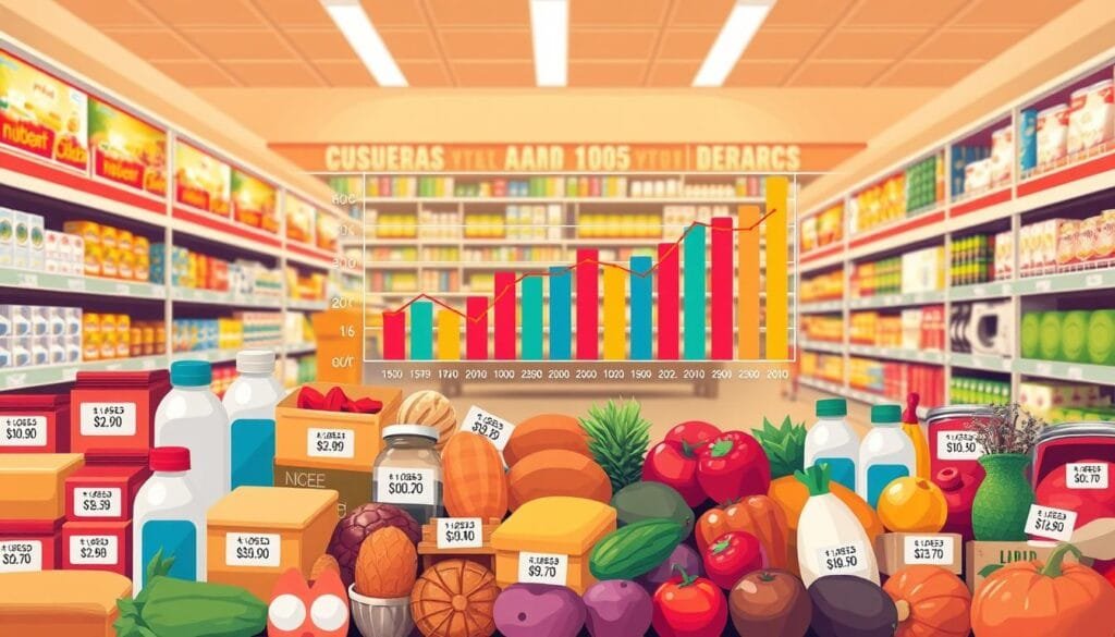 A detailed illustration of the "índice precios consumo" (consumer price index) against a backdrop of a stylized supermarket aisle. In the foreground, a diverse array of common household goods - bread, milk, eggs, fruits, vegetables - arranged in a grid-like pattern, each item labeled with its current price. In the middle ground, a complex bar graph or chart visually displaying the fluctuations of the consumer price index over time, the bars color-coded to indicate inflationary trends. The background features shelves stocked with a wide variety of products, the lighting warm and inviting, conveying a sense of a bustling, well-stocked marketplace. The overall composition should feel informative and visually engaging, reflecting the subject of measuring inflation through the consumer price index.
