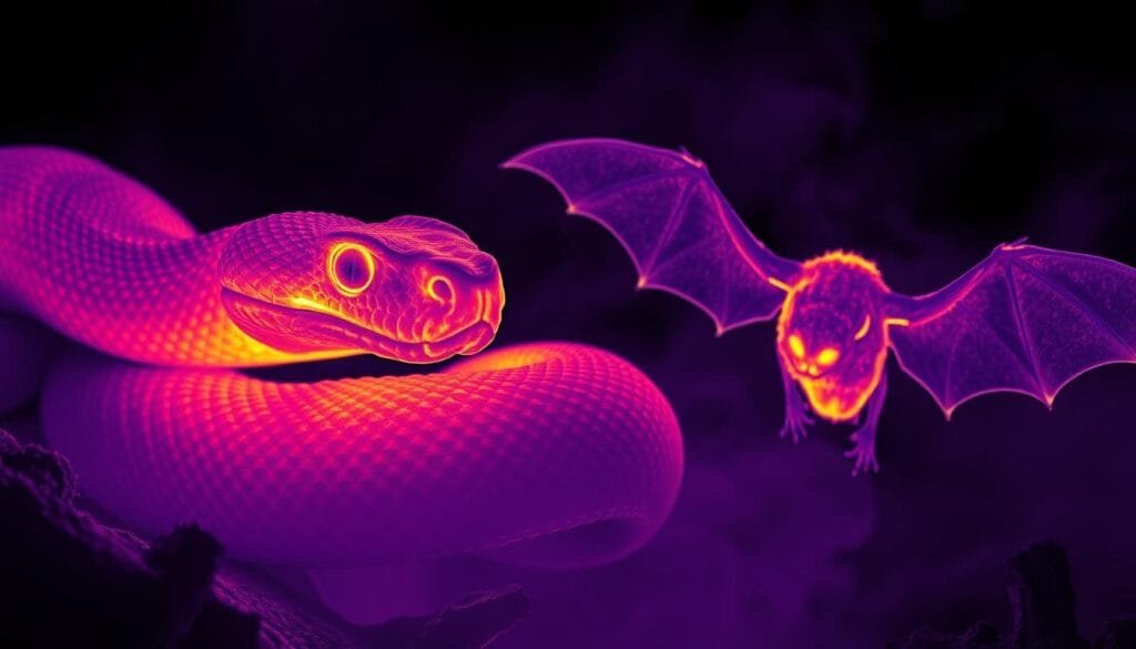 A detailed infrared thermal image showcasing a serpent and a bat, their bodies glowing with radiating heat signatures. The serpent's pit viper-like head is prominently featured, its infrared sensory pits clearly visible as it senses the environment. The bat's wings are outstretched, its thermal profile contrasting against a shadowy, atmospheric background. Dramatic, moody lighting casts long shadows, emphasizing the animals' uncanny ability to perceive the world beyond the human visual spectrum. The scene conveys a sense of the invisible forces that guide the movements and behaviors of these remarkable creatures.