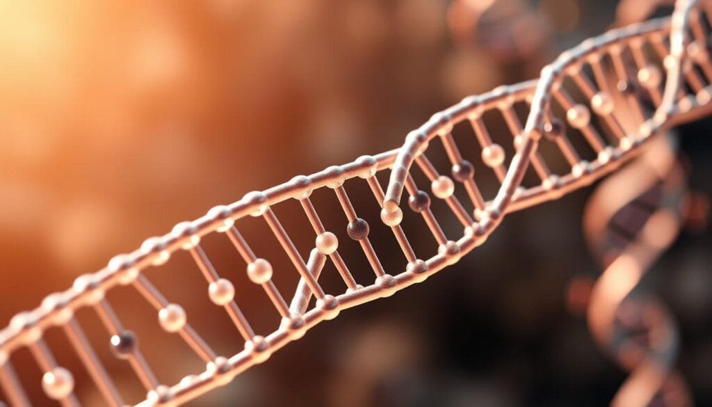 A detailed molecular illustration of DNA methylation. In the foreground, a double-helix DNA strand with distinct methylated cytosine bases, represented as bright spheres along the phosphate backbone. In the middle ground, a group of methyltransferase enzymes delicately attaching methyl groups to the DNA. The background features a soft, ethereal glow, evoking the intricate epigenetic processes that regulate gene expression. The scene is lit by a warm, natural light, casting subtle shadows and highlights to emphasize the dynamic nature of this fundamental biological mechanism. Captured with a high-resolution, macro lens to showcase the intricate details of this critical epigenetic modification.
