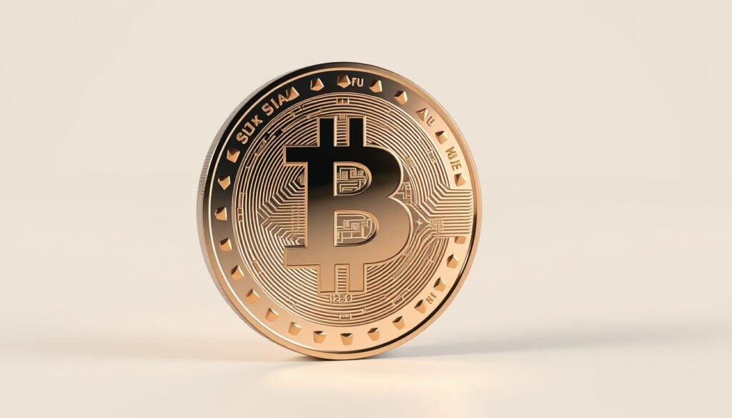 A detailed, photorealistic illustration of a stablecoin, the digital cryptocurrency designed to maintain a stable value. Rendered in a clean, minimalist style, the stablecoin appears as a shiny, metallic coin with a muted color palette. The coin's surface reflects the surrounding environment, creating a sense of depth and realism. The lighting is soft and diffused, highlighting the coin's three-dimensional form and precise details. The background is a plain, neutral space, allowing the stablecoin to be the sole focus of the image. The overall composition conveys the stablecoin's purpose as a stable, reliable digital asset.