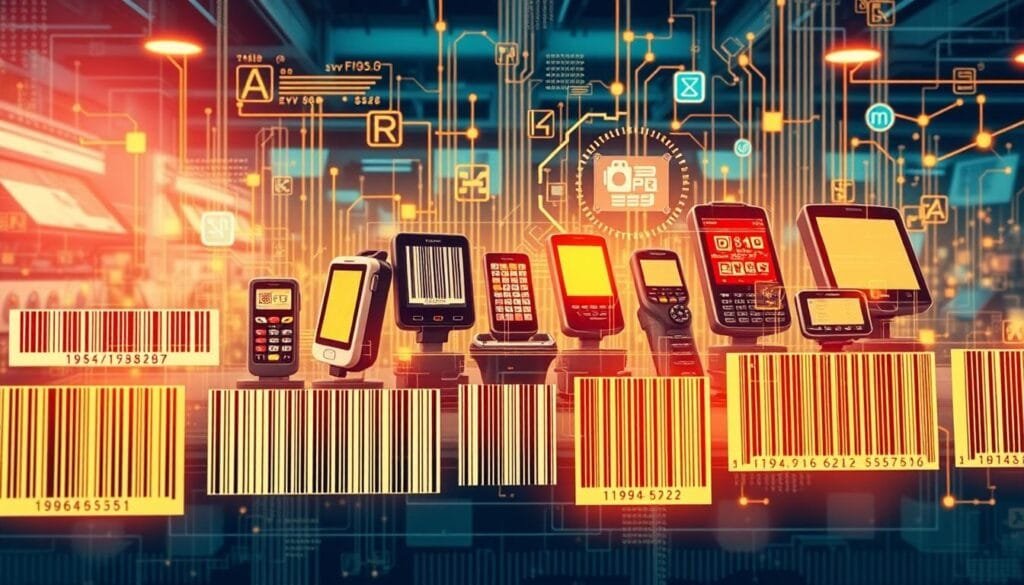 A detailed technical illustration depicting the evolution of barcode technology. In the foreground, a series of barcode designs are showcased, ranging from simple one-dimensional linear barcodes to more complex two-dimensional QR codes. The middle ground features various barcode scanning devices, from handheld readers to integrated checkout systems, all illuminated by warm, focused lighting. In the background, a holographic overlay showcases the underlying data processing and communication systems that power these technologies, creating a sense of depth and interconnectivity. The overall composition conveys the progression of barcode innovation, from its humble origins in Morse code to its ubiquitous modern applications.