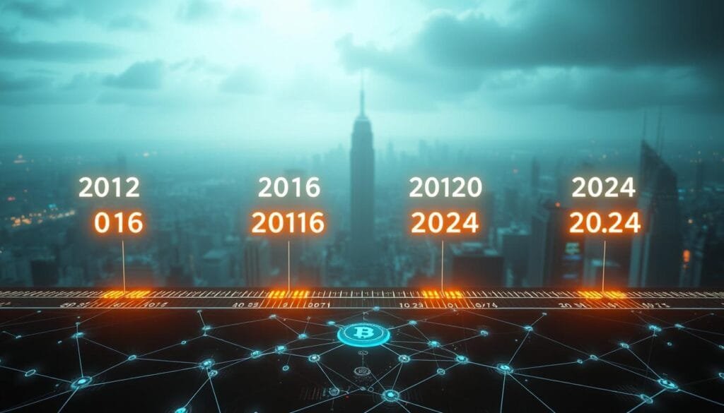 A detailed timeline of Bitcoin's halving events, unfolding in a cinematic, documentary-style composition. In the foreground, a series of glowing, futuristic-looking chronological markers float in mid-air, each representing a pivotal halving milestone - 2012, 2016, 2020, and the impending 2024. The middle ground features a sleek, abstract representation of the Bitcoin network, its nodes and connections pulsing with digital energy. In the background, a sweeping, dystopian cityscape stretches out, hinting at the broader economic and technological landscape surrounding Bitcoin's evolution. The scene is bathed in a cool, teal-tinged lighting, creating a sense of technological wonder and urgency. The overall mood is one of anticipation and significance, capturing the pivotal role of Bitcoin's halving cycle in shaping the future of finance.
