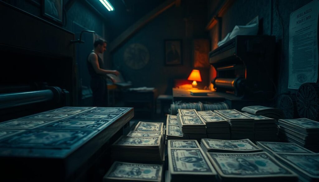 A dimly lit, clandestine printing press, the air thick with the scent of ink and paper. In the foreground, intricate plates and rollers churn out meticulously crafted counterfeit bills, their texture and security features painstakingly replicated. The middle ground reveals stacks of freshly printed "billetes", their crisp edges and vibrant hues betraying their illicit origins. In the background, the room is shrouded in shadows, save for the occasional flicker of a solitary lamp, casting an eerie glow over the entire scene. The overall atmosphere is one of hushed intensity, as if the very walls are conspiring to keep the secrets of this underground operation hidden from the world.