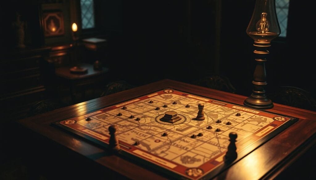 A dimly lit, early 20th century study, illuminated by the soft glow of a single oil lamp. On the wooden desk, an intricate game board is laid out, depicting a gridded city map with streets, properties, and tokens. The scene evokes the atmosphere of the original Landlord's Game, the precursor to the iconic board game Monopoly. The game pieces, carved from wood, stand ready to be moved, hinting at the strategic gameplay and economic competition that would unfold. The room's ornate furnishings and vintage aesthetic transport the viewer to the era when this revolutionary game was first conceived, capturing the essence of its humble origins.