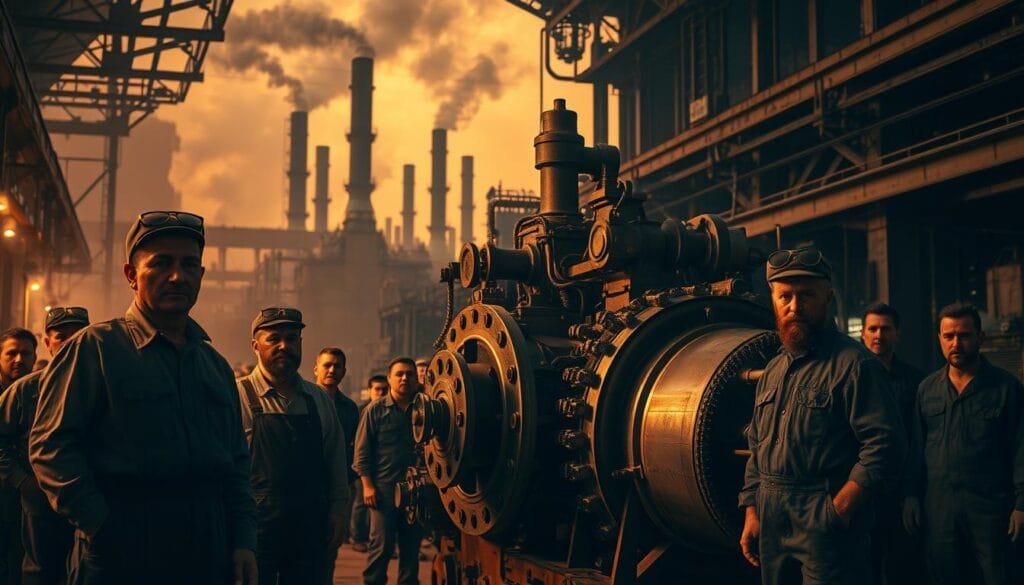 A dimly lit factory floor, the air thick with the scent of oil and steel. In the foreground, a group of workers clad in rugged overalls, their faces weathered by years of toil. The centerpiece of the scene is a large, gleaming machine, its gears and pistons whirring in a rhythmic dance. In the background, a towering industrial landscape, smokestacks belching plumes of gray against a hazy sky. The lighting is warm and golden, casting a soft glow over the scene, hinting at the pride and dedication of the men who labor here, earning their "cinco dólares al día" as they build the machines that will shape the future.