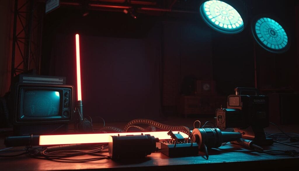 A dimly lit film studio backdrop, illuminated by the glow of vintage video equipment. In the foreground, a collection of disparate objects - an old television, a 16mm film projector, and various electronic components - artfully arranged to suggest the creation of the iconic "hum" of a lightsaber. The scene has a nostalgic, analog feel, with a slightly weathered, cinematic texture. Soft, dramatic lighting casts long shadows, heightening the sense of mystery and discovery. The overall composition and mood evoke the "behind-the-scenes" nature of the prompt's subject matter, inviting the viewer to imagine the creative process that birthed one of cinema's most legendary sound effects.