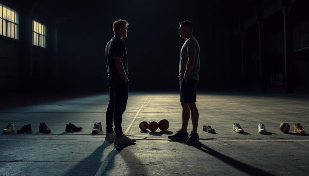 A dimly lit industrial warehouse, the echoes of a bygone era. In the foreground, two brothers standing back-to-back, their silhouettes casting long shadows across the worn concrete floor. The air is thick with tension, a palpable sense of animosity between them. In the middle ground, the faint outlines of sports equipment - shoes, balls, and jerseys - remnants of their shared past. The background is shrouded in darkness, hinting at the war that is about to unfold, a clash of egos and ambitions that will tear their empire apart. Dramatic lighting casts dramatic shadows, emphasizing the divide between the once-united siblings. The scene is moody, cinematic, and charged with the weight of their history.