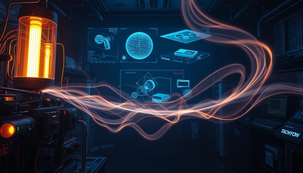 A dimly lit laboratory setting with advanced scientific equipment and instruments. In the foreground, a complex apparatus with glowing tachyon detectors and spectroscopic analyzers. Ghostly tachyon trails flicker and dance across the scene, their ethereal forms hinting at the elusive nature of these hypothetical superluminal particles. The middle ground features a large holographic display, projecting simulations and theoretical models of tachyon behavior. The background is shrouded in shadows, suggesting the uncharted frontiers of this cutting-edge field of physics research. The overall atmosphere conveys a sense of scientific exploration, the thrill of discovery, and the challenges of verifying the existence of tachyons.
