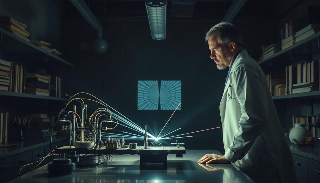 A dimly lit laboratory, the air thick with a sense of scientific discovery. In the center, a quantum experiment unfolds - a table-top setup with complex apparatus, lenses, and wires. Beams of light pass through a double-slit, creating an interference pattern on a distant screen. The scientist, donning a white lab coat, leans in, carefully observing the result, a look of deep contemplation on their face. The walls are lined with shelves of scientific journals and equipment, hinting at the profound mysteries that lie at the heart of this quantum exploration. Soft, directional lighting casts dramatic shadows, adding depth and intrigue to the scene. This is a moment of transformation, where the very act of observation alters the fundamental behavior of the quantum world.