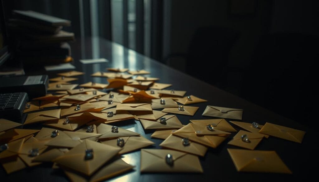A dimly lit office desk, the surface covered in a scattered array of yellow envelopes, each one containing what appears to be a small diamond. The envelopes are positioned haphazardly, some open, others still sealed, suggesting a sense of deception and fraud. The lighting is soft and atmospheric, casting shadows that accentuate the ominous nature of the scene. The background is blurred, keeping the focus on the envelopes and their contents, hinting at the larger narrative of the "diamonds in yellow envelopes" scam. The overall mood is one of mystery, suspicion, and the unsettling feeling that something is not quite right.
