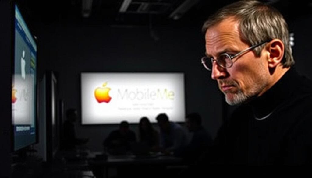 A dimly lit office interior, the faint glow of a computer screen illuminating a frustrated Steve Jobs as he grapples with the launch of MobileMe, Apple's ill-fated cloud service. The middle ground shows a team of engineers huddled around laptops, expressions tense, as they scramble to address synchronization issues. In the background, a wall-mounted display showcases the MobileMe logo, its vibrant colors now muted, reflecting the product's troubled debut. Dramatic lighting casts deep shadows, conveying the weight of this setback for the Apple co-founder. A sense of tension and technological disarray pervades the scene, capturing the essence of the "MobileMe problema" and its impact on the company's user experience.
