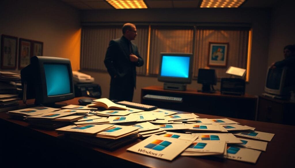 A dimly lit office setting, with a large desk in the foreground showcasing an array of Windows operating system license keys and documents. The middle ground features a desktop computer, monitor, and keyboard, all emblematic of the rise of Microsoft's PC hegemony. In the background, a shadowy figure, perhaps representing the waning influence of Steve Jobs and Apple, stands contemplating the dominance of Windows. The scene is bathed in a warm, amber-toned lighting, conveying a sense of the past and the weight of a bygone era. The overall atmosphere is one of reflection on the shifting tides of technology and the rise of the personal computer.